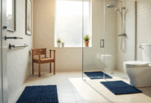 Accessible bathroom with grab bars, a walk-in shower with handheld showerhead, non-slip navy mats, a wooden shower chair, and a raised toilet.