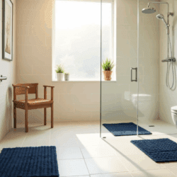 Accessible bathroom with grab bars, a walk-in shower with handheld showerhead, non-slip navy mats, a wooden shower chair, and a raised toilet.