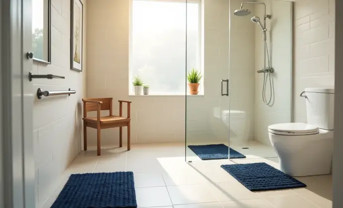 Accessible bathroom with grab bars, a walk-in shower with handheld showerhead, non-slip navy mats, a wooden shower chair, and a raised toilet.