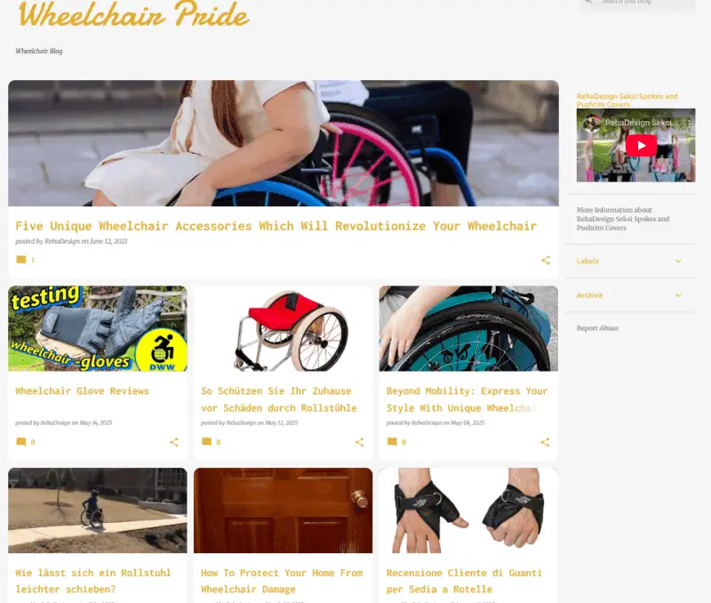 Homepage of WheelchairPride.com showing blog posts about wheelchair accessories, gloves, protection tips, and style ideas for wheelchair users.