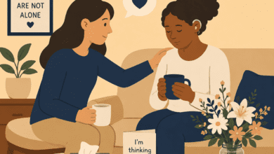 A person sits beside a grieving friend on a sofa, offering a comforting hand on their shoulder. A sympathy card, flowers, and mugs of tea sit nearby, with a sign reading, "You are not alone."