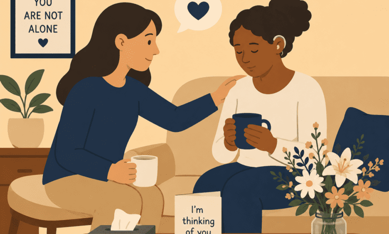 A person sits beside a grieving friend on a sofa, offering a comforting hand on their shoulder. A sympathy card, flowers, and mugs of tea sit nearby, with a sign reading, "You are not alone."