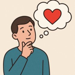 Simple cartoon showing someone thinking about emotions with a heart in a speech bubble