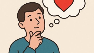 Simple cartoon showing someone thinking about emotions with a heart in a speech bubble