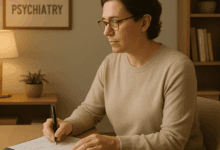 A person wearing glasses and a beige jumper sits at a desk, writing on a clipboard. A framed "PSYCHIATRY" sign is on the wall behind them. A table with a lamp and a small plant. The setting appears warm and professional, with wooden shelves and soft lighting.