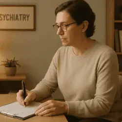 A person wearing glasses and a beige jumper sits at a desk, writing on a clipboard. A framed "PSYCHIATRY" sign is on the wall behind them. A table with a lamp and a small plant. The setting appears warm and professional, with wooden shelves and soft lighting.