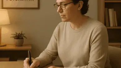 A person wearing glasses and a beige jumper sits at a desk, writing on a clipboard. A framed "PSYCHIATRY" sign is on the wall behind them. A table with a lamp and a small plant. The setting appears warm and professional, with wooden shelves and soft lighting.