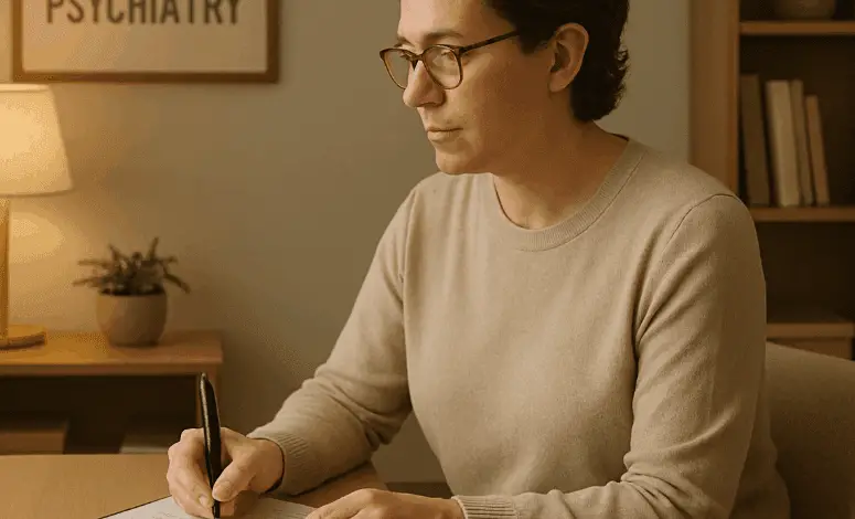 A person wearing glasses and a beige jumper sits at a desk, writing on a clipboard. A framed "PSYCHIATRY" sign is on the wall behind them. A table with a lamp and a small plant. The setting appears warm and professional, with wooden shelves and soft lighting.