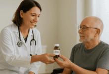 A smiling healthcare provider in a white coat hands a brown medicine bottle to an older man in a wheelchair.