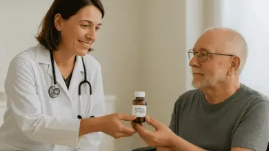 A smiling healthcare provider in a white coat hands a brown medicine bottle to an older man in a wheelchair.
