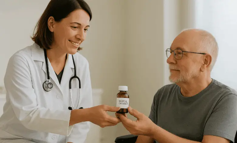A smiling healthcare provider in a white coat hands a brown medicine bottle to an older man in a wheelchair.