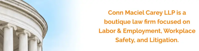 White marble columns of a neoclassical building on the left. On the right, bold orange text reads: "Conn Maciel Carey LLP is a boutique law firm focused on Labor & Employment, Workplace Safety, and Litigation."