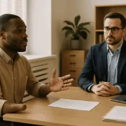 A Black man with limb difference on his right arm speaks confidently to a white male manager across a desk in a modern office. Papers and a laptop lie on the desk, suggesting a workplace discussion or negotiation. Neutral tones and natural light create a professional, inclusive setting.