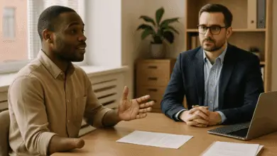 A Black man with limb difference on his right arm speaks confidently to a white male manager across a desk in a modern office. Papers and a laptop lie on the desk, suggesting a workplace discussion or negotiation. Neutral tones and natural light create a professional, inclusive setting.