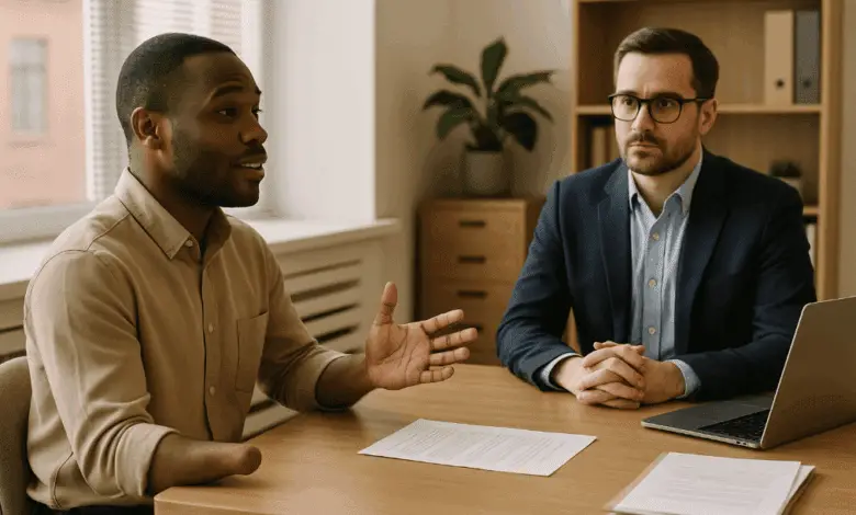 A Black man with limb difference on his right arm speaks confidently to a white male manager across a desk in a modern office. Papers and a laptop lie on the desk, suggesting a workplace discussion or negotiation. Neutral tones and natural light create a professional, inclusive setting.