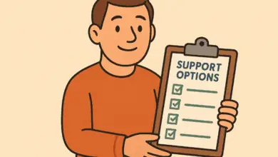 Cartoon man smiling and holding a clipboard with a checklist titled “SUPPORT OPTIONS”.