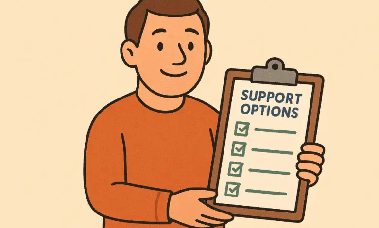 Cartoon man smiling and holding a clipboard with a checklist titled “SUPPORT OPTIONS”.
