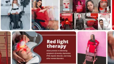 Collage of people using red light therapy devices on different body parts, including face masks, panels, and handheld tools.