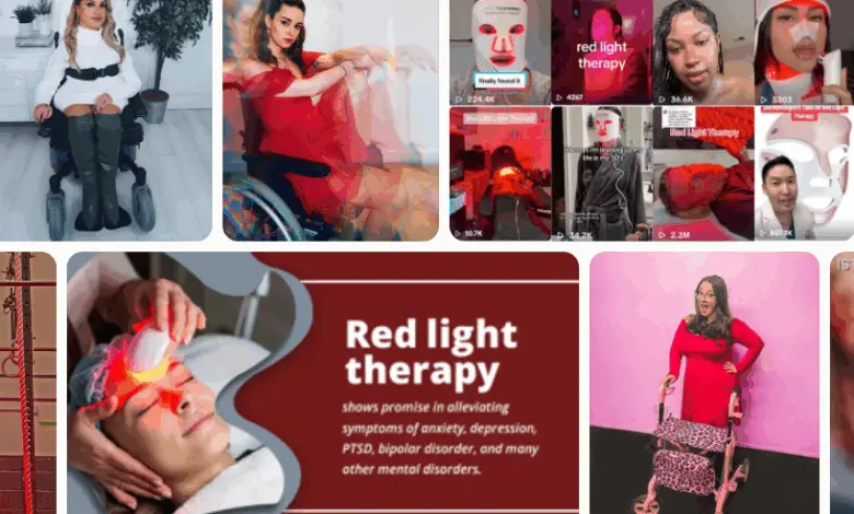 Collage of people using red light therapy devices on different body parts, including face masks, panels, and handheld tools.