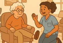 A cartoon caregiver kneels beside an older woman seated in an armchair, guiding her through a seated leg lift in a cozy, sunlit living room.