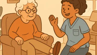 A cartoon caregiver kneels beside an older woman seated in an armchair, guiding her through a seated leg lift in a cozy, sunlit living room.