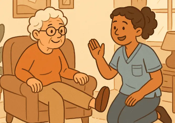 A cartoon caregiver kneels beside an older woman seated in an armchair, guiding her through a seated leg lift in a cozy, sunlit living room.