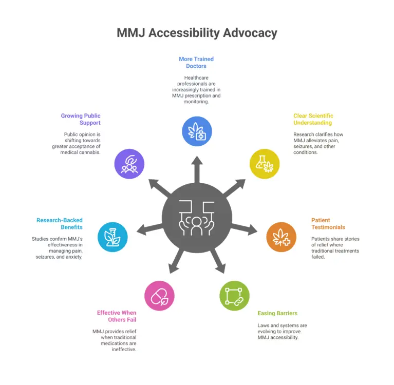 nfographic titled "MMJ Accessibility Advocacy" shows seven reasons to support medical cannabis access, arranged in a circle around a central icon of a group. Each reason has a color-coded icon and short label: More Trained Doctors Clear Scientific Understanding Patient Testimonials Easing Barriers Effective When Others Fail Research-Backed Benefits Growing Public Support Each label includes a brief description supporting the advocacy for medical marijuana (MMJ).
