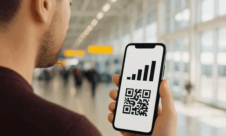 A person at an airport holds a smartphone displaying a signal strength icon above a QR code, showing eSIM activation.