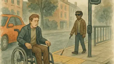 Watercolour illustration of an urban street scene. A man in a wheelchair looks concerned near a cracked curb with no ramp. A blind man with a white cane stands at a pedestrian crossing that lacks tactile paving or audible signals. A car is parked behind them. The setting includes brick buildings and trees under a cloudy sky