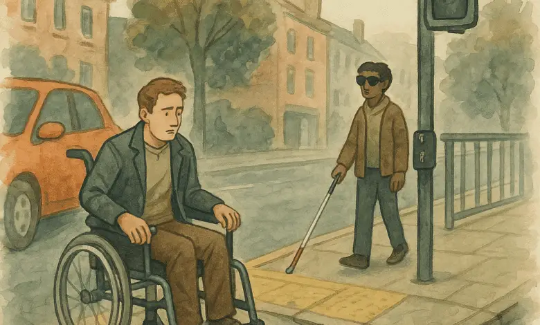 Watercolour illustration of an urban street scene. A man in a wheelchair looks concerned near a cracked curb with no ramp. A blind man with a white cane stands at a pedestrian crossing that lacks tactile paving or audible signals. A car is parked behind them. The setting includes brick buildings and trees under a cloudy sky