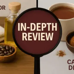 Split-screen graphic showing castor oil products on the left and a cacao drink on the right, with “In-Depth Review” in bold text at the center. Visible text: "CASTOR OIL", "IN-DEPTH REVIEW", "CACAO DRINK"