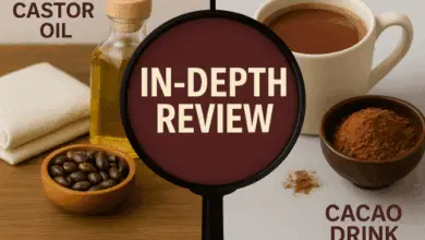 Split-screen graphic showing castor oil products on the left and a cacao drink on the right, with “In-Depth Review” in bold text at the center. Visible text: "CASTOR OIL", "IN-DEPTH REVIEW", "CACAO DRINK"