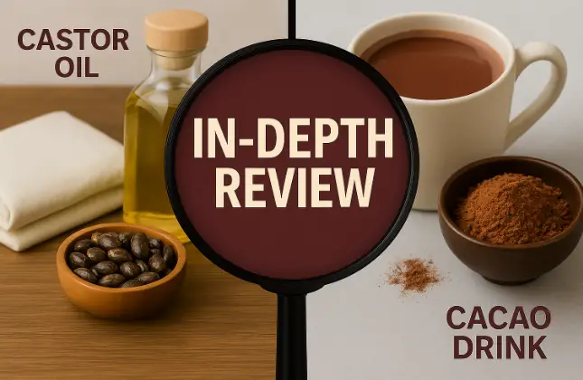 Split-screen graphic showing castor oil products on the left and a cacao drink on the right, with “In-Depth Review” in bold text at the center. Visible text: "CASTOR OIL", "IN-DEPTH REVIEW", "CACAO DRINK"