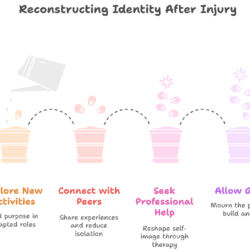 llustration titled "Reconstructing Identity After Injury" showing six pastel-colored flower pots in a left-to-right sequence. Each pot represents a stage of identity rebuilding: Former Self (yellow) – A hand drops seeds into the pot. Text: "Identity before the injury." Explore New Activities (orange) – A watering can pours water. Text: "Find purpose in adapted roles." Connect with Peers (peach) – Sprouts emerge. Text: "Share experiences and reduce isolation." Seek Professional Help (pink) – Small flowers bloom. Text: "Reshape self-image through therapy." Allow Grief (lavender) – More flowers grow. Text: "Mourn the past to build anew." New Self (purple-blue) – Full bloom of flowers. Text: "Reconstructed identity after injury." Dotted lines connect each stage, symbolizing growth and transition.