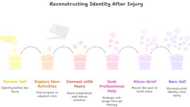 llustration titled "Reconstructing Identity After Injury" showing six pastel-colored flower pots in a left-to-right sequence. Each pot represents a stage of identity rebuilding: Former Self (yellow) – A hand drops seeds into the pot. Text: "Identity before the injury." Explore New Activities (orange) – A watering can pours water. Text: "Find purpose in adapted roles." Connect with Peers (peach) – Sprouts emerge. Text: "Share experiences and reduce isolation." Seek Professional Help (pink) – Small flowers bloom. Text: "Reshape self-image through therapy." Allow Grief (lavender) – More flowers grow. Text: "Mourn the past to build anew." New Self (purple-blue) – Full bloom of flowers. Text: "Reconstructed identity after injury." Dotted lines connect each stage, symbolizing growth and transition.