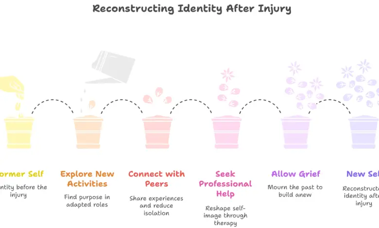 llustration titled "Reconstructing Identity After Injury" showing six pastel-colored flower pots in a left-to-right sequence. Each pot represents a stage of identity rebuilding: Former Self (yellow) – A hand drops seeds into the pot. Text: "Identity before the injury." Explore New Activities (orange) – A watering can pours water. Text: "Find purpose in adapted roles." Connect with Peers (peach) – Sprouts emerge. Text: "Share experiences and reduce isolation." Seek Professional Help (pink) – Small flowers bloom. Text: "Reshape self-image through therapy." Allow Grief (lavender) – More flowers grow. Text: "Mourn the past to build anew." New Self (purple-blue) – Full bloom of flowers. Text: "Reconstructed identity after injury." Dotted lines connect each stage, symbolizing growth and transition.
