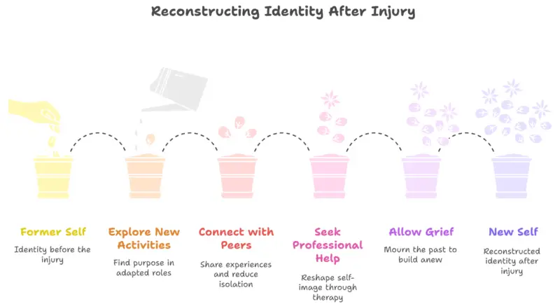 llustration titled "Reconstructing Identity After Injury" showing six pastel-colored flower pots in a left-to-right sequence. Each pot represents a stage of identity rebuilding:

Former Self (yellow) – A hand drops seeds into the pot. Text: "Identity before the injury."

Explore New Activities (orange) – A watering can pours water. Text: "Find purpose in adapted roles."

Connect with Peers (peach) – Sprouts emerge. Text: "Share experiences and reduce isolation."

Seek Professional Help (pink) – Small flowers bloom. Text: "Reshape self-image through therapy."

Allow Grief (lavender) – More flowers grow. Text: "Mourn the past to build anew."

New Self (purple-blue) – Full bloom of flowers. Text: "Reconstructed identity after injury."

Dotted lines connect each stage, symbolizing growth and transition.