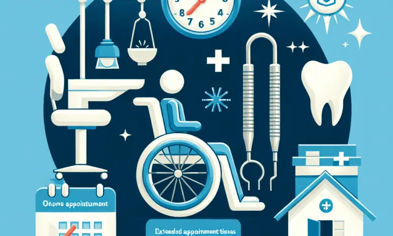 A stylized symbol features a dentist chair with a wheelchair access ramp, alongside icons for step-free entrance, extended appointment time, and a speech bubble for communication support. Soft colors and simple lines convey accessibility and welcome for disabled people.