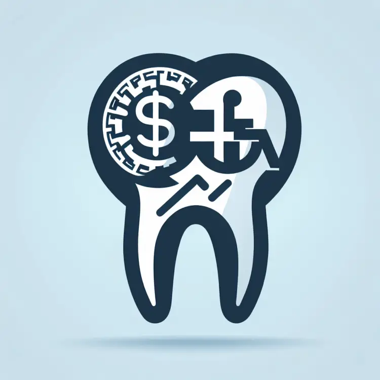 A simple graphic shows a dollar coin on a wisdom tooth next to a disability symbol illustrating saving money on wisdom tooth extraction for people with disabilities in Singapore