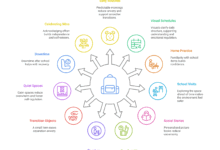 Infographic showing 12 strategies to support autistic children with school transitions, including routines, visuals, quiet spaces, and comfort kits. Full text is in the "key takeways" section