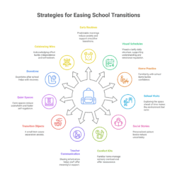 Infographic showing 12 strategies to support autistic children with school transitions, including routines, visuals, quiet spaces, and comfort kits. Full text is in the "key takeways" section
