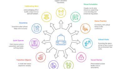Infographic showing 12 strategies to support autistic children with school transitions, including routines, visuals, quiet spaces, and comfort kits. Full text is in the "key takeways" section