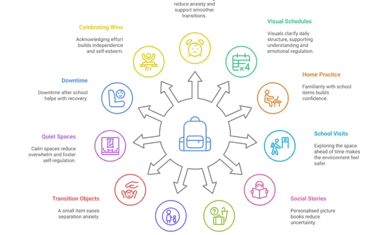 Infographic showing 12 strategies to support autistic children with school transitions, including routines, visuals, quiet spaces, and comfort kits. Full text is in the "key takeways" section