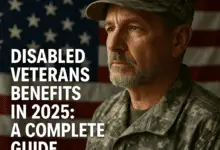 Older man in military uniform stands in front of a U.S. flag. Text reads: "Disabled Veterans Benefits in 2025: A Complete Guide."
