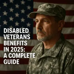 Older man in military uniform stands in front of a U.S. flag. Text reads: "Disabled Veterans Benefits in 2025: A Complete Guide."