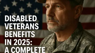 Older man in military uniform stands in front of a U.S. flag. Text reads: "Disabled Veterans Benefits in 2025: A Complete Guide."
