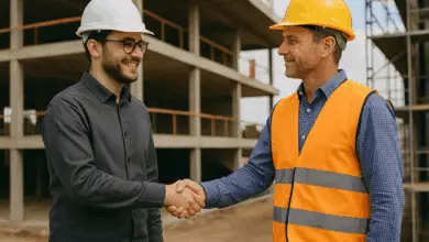 Two men wearing hard hats shake hands at a construction site; one wears a black shirt, the other a safety vest.