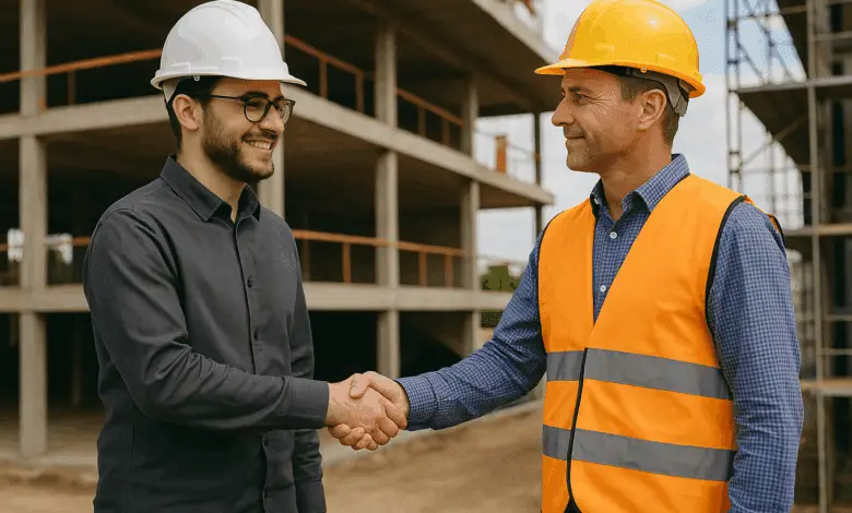 Two men wearing hard hats shake hands at a construction site; one wears a black shirt, the other a safety vest.