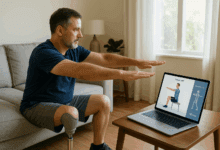 A middle-aged man with a prosthetic leg does guided home rehab exercises while following instructions on a tablet with AI motion tracking in a bright, modern living room.