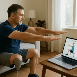 A middle-aged man with a prosthetic leg does guided home rehab exercises while following instructions on a tablet with AI motion tracking in a bright, modern living room.